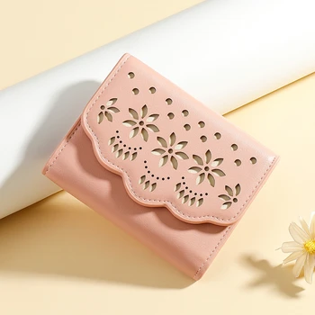 Novo Design Padrão Floral Pequeno Carteiras de Mulheres PU Macio Couro de Cartão de Crédito, Carteiras de Senhoras Feminino Popular Mini Bolsas Oco