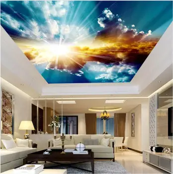 Personalizado com foto 3d teto murais papel de parede Sol céu azul e as nuvens brancas, casa de decoração de sala de estar papel de parede para parede 3 d
